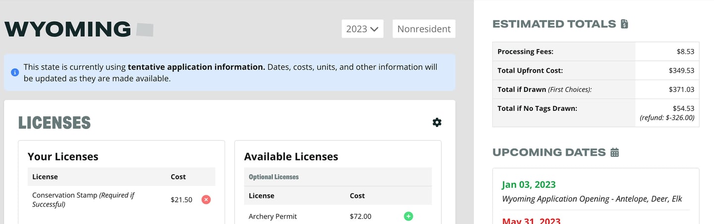 Wyoming Estimated Totals and Licenses in DrawScout