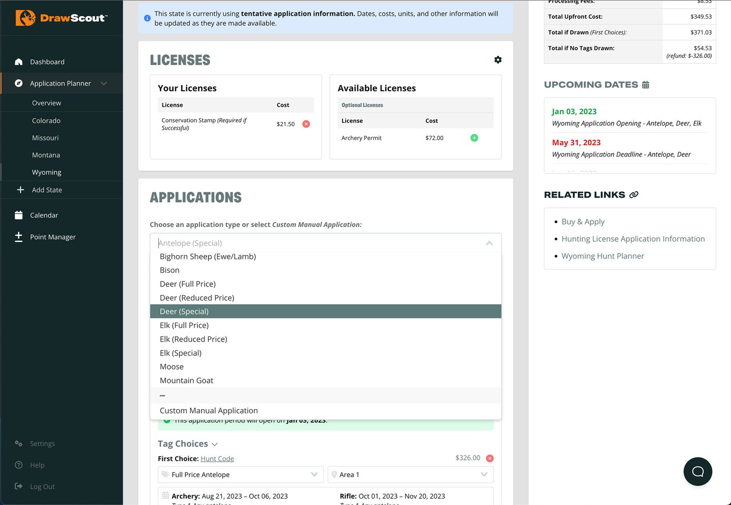 Wyoming Special and Regular Applications in DrawScout